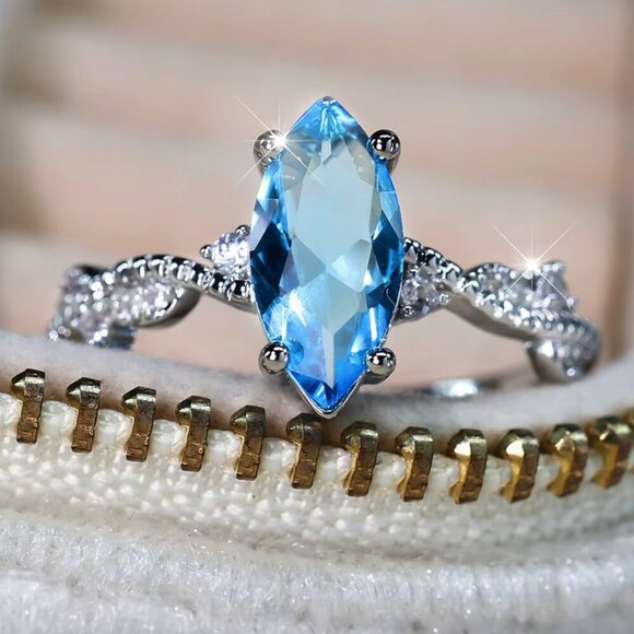 NEW 18k White Gold Blue Sapphire Diamond Ring Marquise Cut Ring - Picture 7 of 7